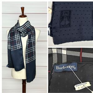 NWT Burberry Silk Oblong Scarf Navy Blue Nova Check Vintage Hand Rolled New